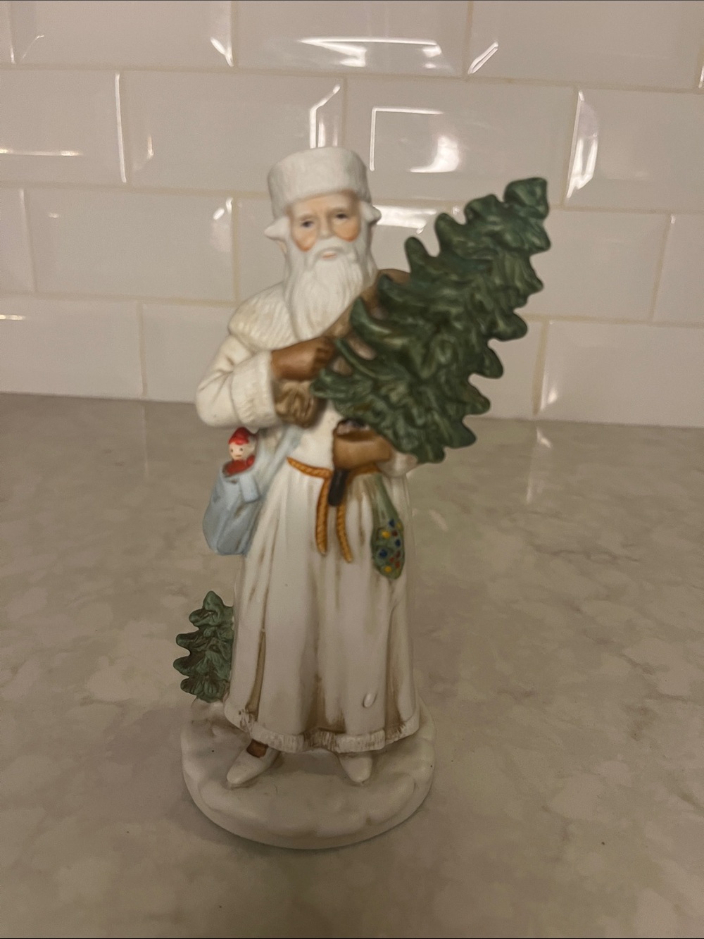 Enesco Small Santa in White Coat Figurine 6”.  Vintage 1987